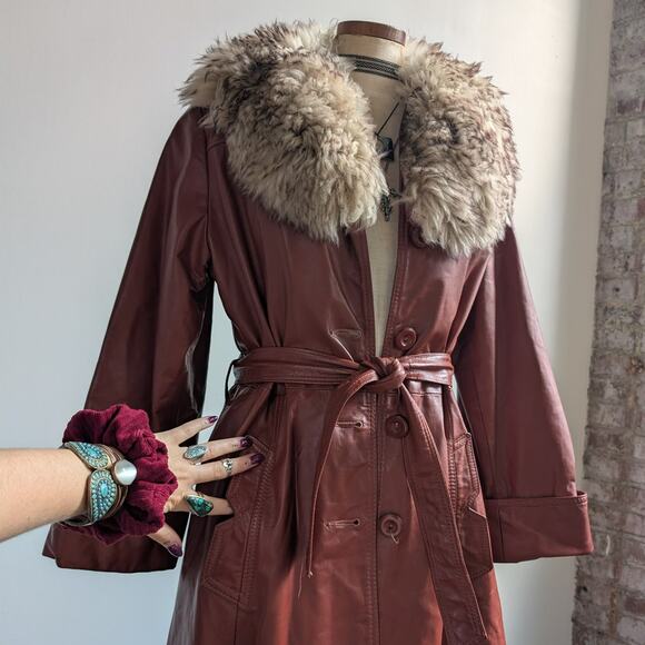 Vintage Leather Jacket Fur Trim Red 70s Penny Lane Boho Trench Afghan Coat Large - Picture 8 of 10